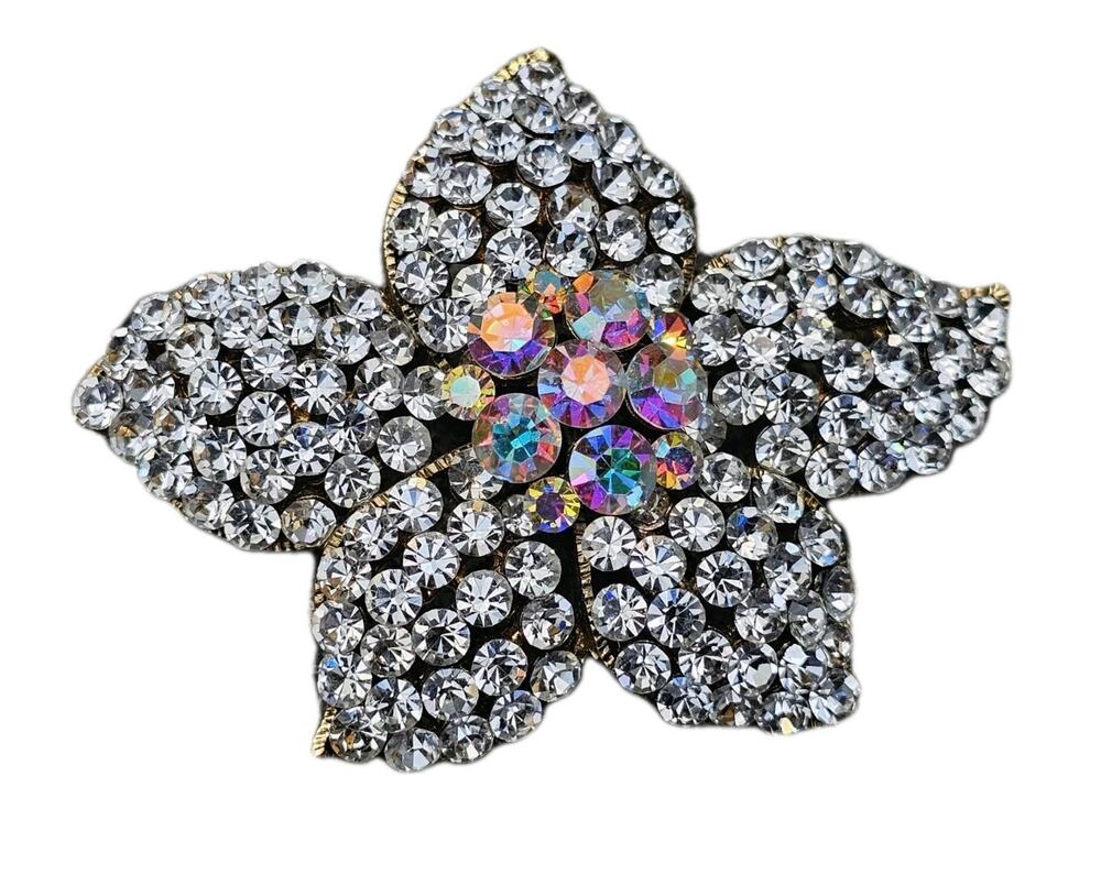 Brooch Pin - Five Petal Flower - White & AB Crystal Rhinestones Gold Tone 2 3/4"